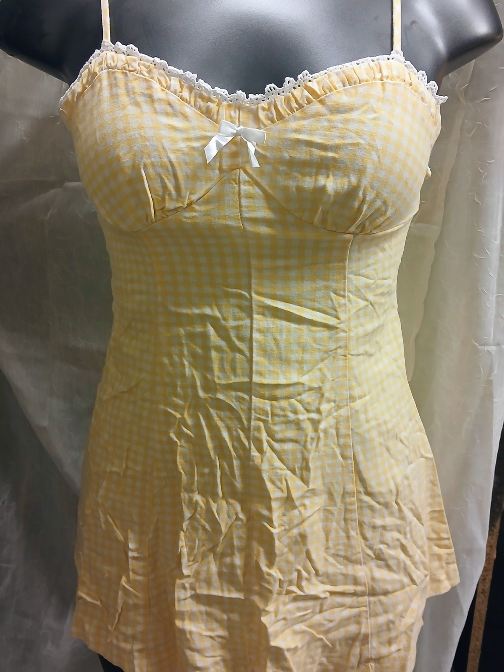 Yellow Gingham Slip Dress with Lace Trim